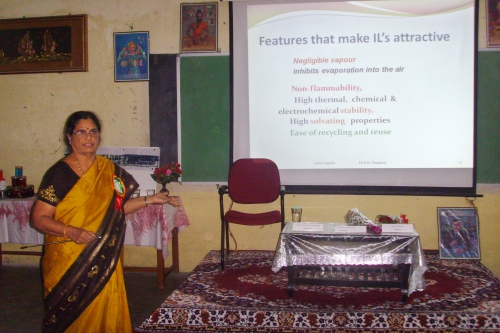 Advanced topics in Chemistry seminar in association with Holy Cross School for Women - photo of speaker and her presentation slide